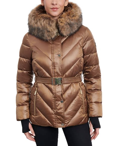 belted faux-fur-trim puffer coat michael kors|Michael Kors puffer coat packable.